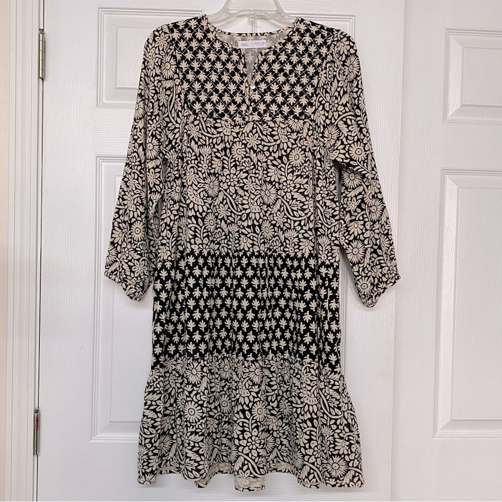 Zara Quilted Top Tiered Black and Tan Print Dress Sz 13-14 (Women's XS)